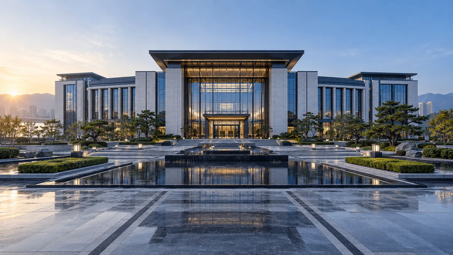 现代办公建筑外观与公共水景环境参考照片